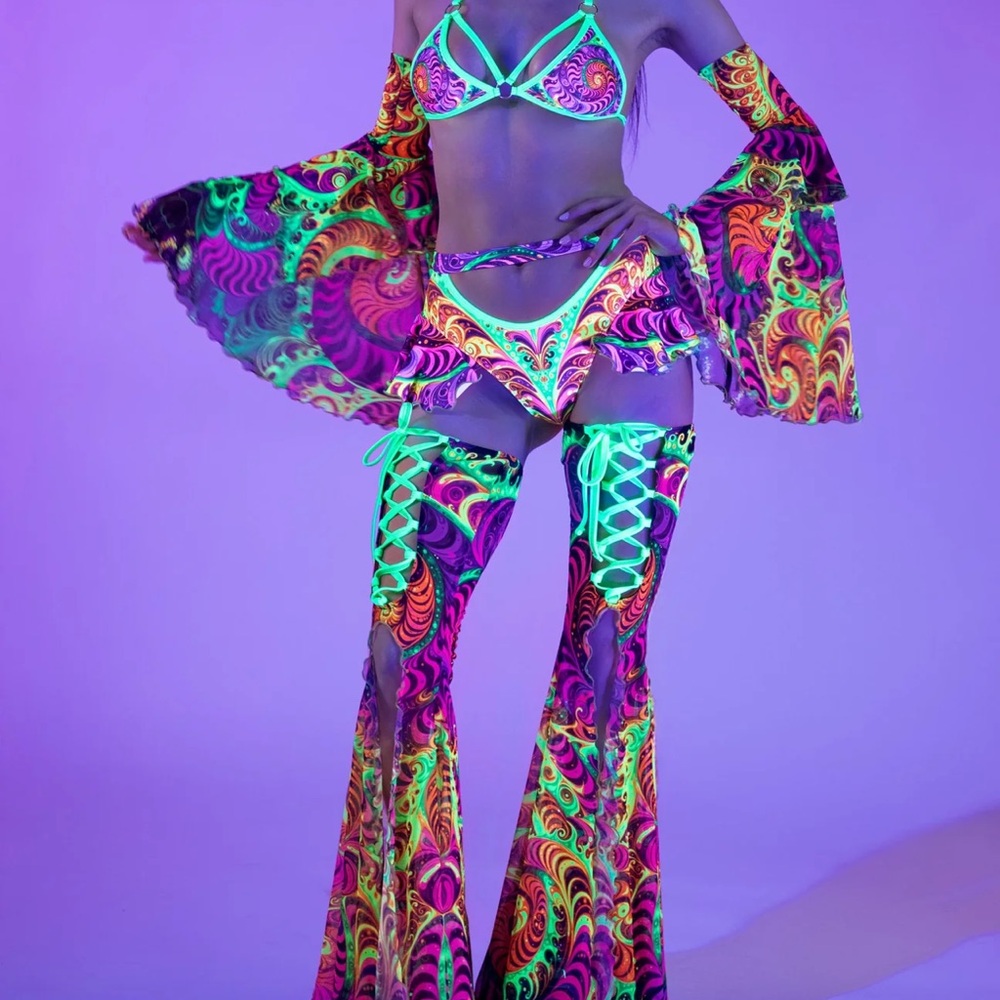 Neon Psychedelic Rave Set - Bikini, Skirt & Lace-Up Chaps